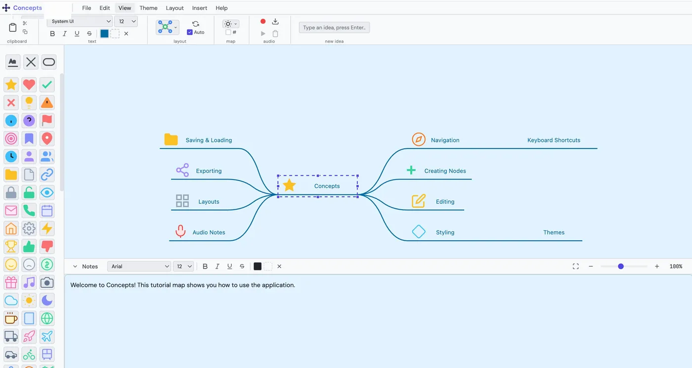 The Concepts app: menu bar, ribbon toolbar, shapes and icon panel, a concept map on the canvas, and a notes panel