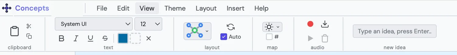 The Concepts ribbon toolbar with clipboard, text formatting, layout, map, audio and new-idea groups